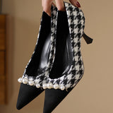 Elegant Houndstooth Pearl High Heels