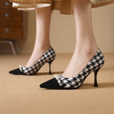 Elegant Houndstooth Pearl High Heels