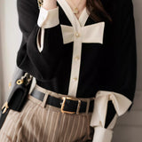 French V-Neck Bow Tie Long Sleeve Top