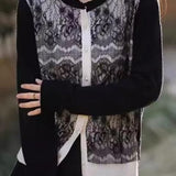 Color-blocked Knit Sweater with Faux Layered Lace Insets