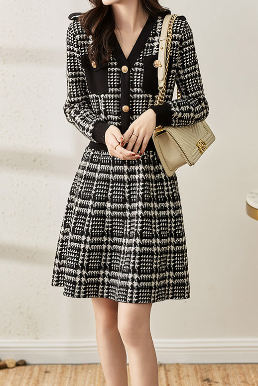 Chanel-style V-neck houndstooth knit dress, 2 colors included