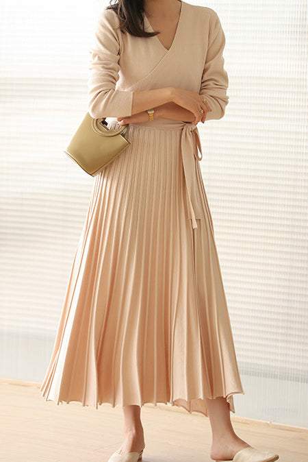 Surplice neck pleat switching belted long knit dress, 9 colors include